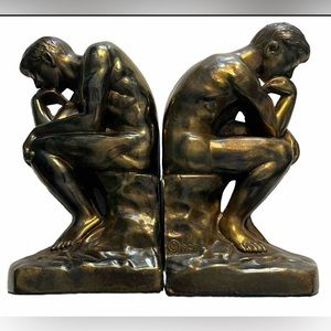 The Thinker Brass Finish Metal Bookends Vintage C1928 Rodin Thinking Man 7"